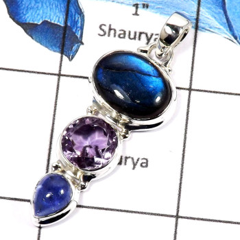 Labradorite Cab,Amethyst Cut & Tanzanite Cab J - SSP764-Gorgeous Three Stone Cab & Cut Colorful Handmade Party Wear Pendants 925