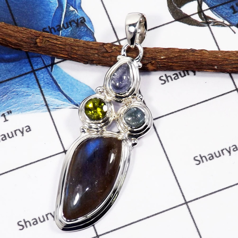 Tanzanite,Blue Kyanite,Peridot & Labradorite A - SSP763-Glorious Three Stone Cab & Cut Wholesale Pendants 925 Sterling Silver Tanzanite,Blue Kyanite,Peridot & Labradorite A - SSP763-Glorious Three Stone Cab & Cut Wholesale Pendants 925 Sterling Silver