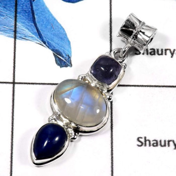 Tanzanite,Rainbow Moonstone & Lapis Lazuli I - SSP762-Blue Fire Rainbow Moonstone With Cab & Cut Wholesale Pendants 925 Sterling Tanzanite,Rainbow Moonstone & Lapis Lazuli I - SSP762-Blue Fire Rainbow Moonstone With Cab & Cut Wholesale Pendants 925 Sterling