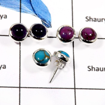Purple Copper Turquoise,Blue Copper Turquoise & Amethyst Cab A - SSE843-3 Pairs Mix Cab Glorious Gemstone Wholesale Stud Earring
