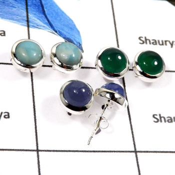 Green Onyx,Tanzanite & Larimar G - SSE843-3 Pairs Mix Cab Glorious Gemstone Wholesale Stud Earrings 925 Sterling Silver