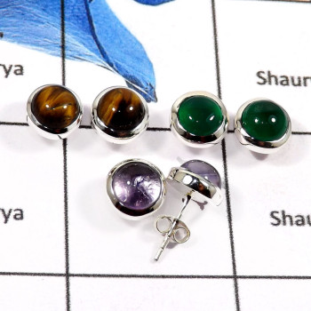 Green Onyx,Tiger Eye & Amethyst Cab I - SSE843-3 Pairs Mix Cab Glorious Gemstone Wholesale Stud Earrings 925 Sterling Silver