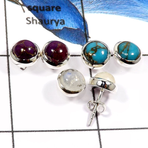 Purple Copper Turquoise,Purple Copper Turquoise & Rainbow Moonstone C - SSE842-3 Pairs Eye Catching Colorful Stud Earrings 925 S