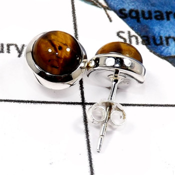 Tiger Eye I - SSE841-Natural Cabochon Gemstones Party Wear Stud Earrings 925 Sterling Silver