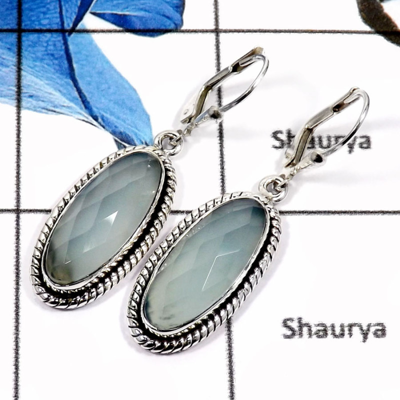 Chalcedony Cut A - SDE621-Natural Checker Cut Chalcedony Gemstone Designer Earrings 925 Sterling Silver