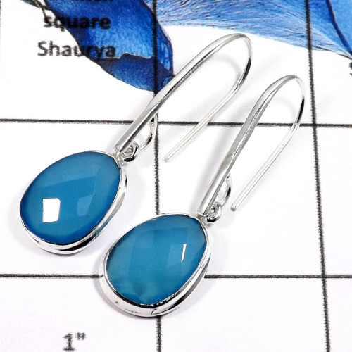 Chalcedony Cut C - SDE621-Natural Checker Cut Chalcedony Gemstone Designer Earrings 925 Sterling Silver