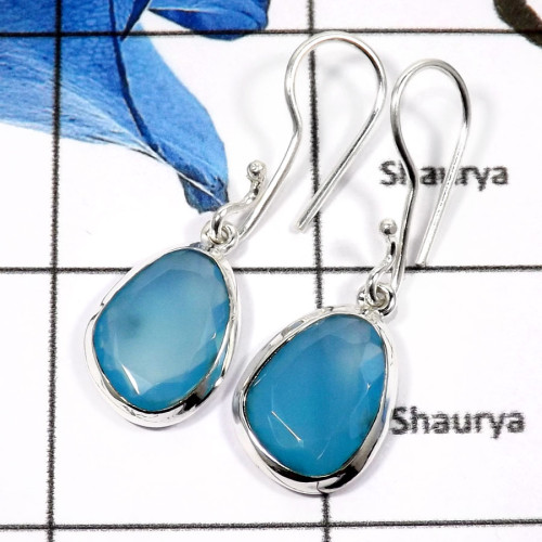 Chalcedony Cut D - SDE621-Natural Checker Cut Chalcedony Gemstone Designer Earrings 925 Sterling Silver