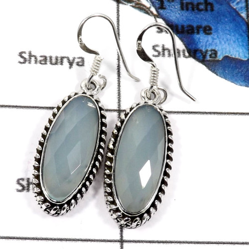 Chalcedony Cut E - SDE621-Natural Checker Cut Chalcedony Gemstone Designer Earrings 925 Sterling Silver