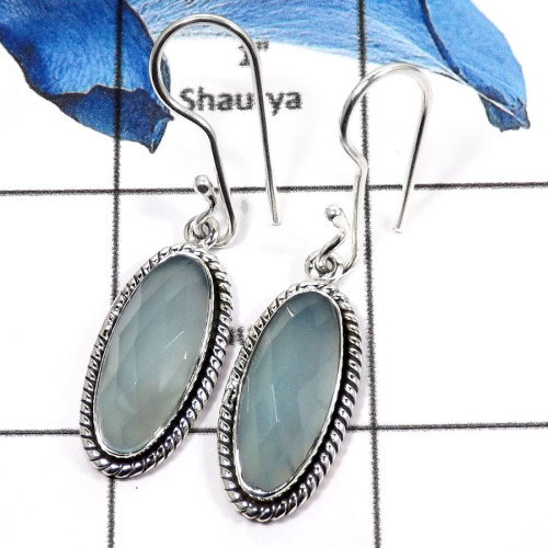Chalcedony Cut F - SDE621-Natural Checker Cut Chalcedony Gemstone Designer Earrings 925 Sterling Silver