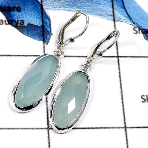 Chalcedony Cut G - SDE621-Natural Checker Cut Chalcedony Gemstone Designer Earrings 925 Sterling Silver
