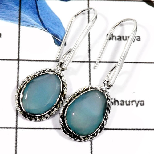 Chalcedony Cut O - SDE621-Natural Checker Cut Chalcedony Gemstone Designer Earrings 925 Sterling Silver