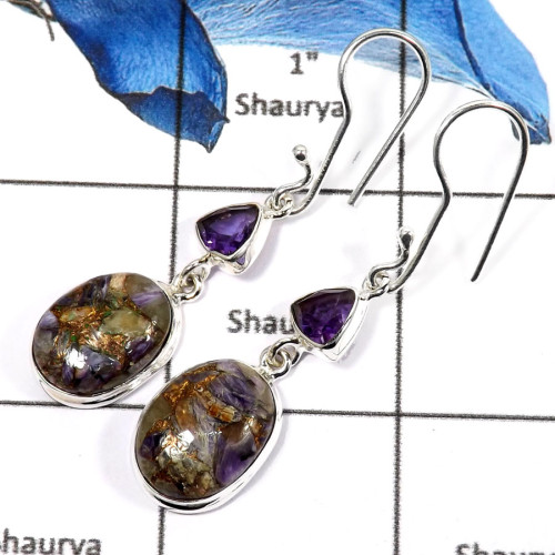 Mohave Copper Charoite & Amethyst Cut B - SPE778-Exclusive Wholesale Mohave Copper Charoite & Amethyst Two Stone Earrings 925 St Mohave Copper Charoite & Amethyst Cut B - SPE778-Exclusive Wholesale Mohave Copper Charoite & Amethyst Two Stone Earrings 925 St