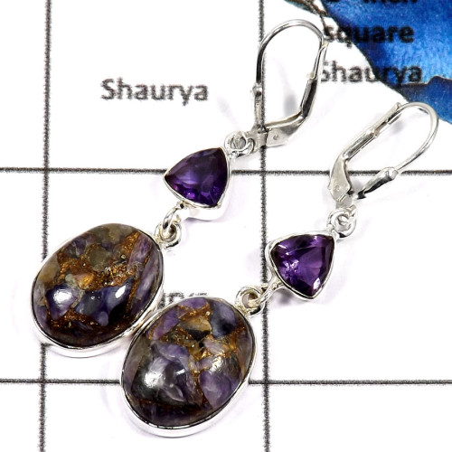Mohave Copper Charoite & Amethyst Cut D - SPE778-Exclusive Wholesale Mohave Copper Charoite & Amethyst Two Stone Earrings 925 St Mohave Copper Charoite & Amethyst Cut D - SPE778-Exclusive Wholesale Mohave Copper Charoite & Amethyst Two Stone Earrings 925 St