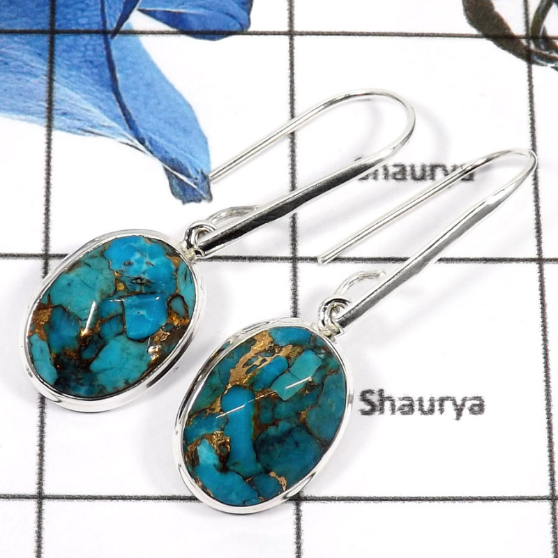 Blue Copper Turquoise H - SPE777-Pretty Look Gemstone Blue Copper Turquoise Handmade Earrings 925 Sterling Silver Blue Copper Turquoise H - SPE777-Pretty Look Gemstone Blue Copper Turquoise Handmade Earrings 925 Sterling Silver