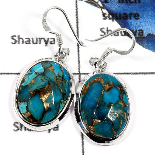 Blue Copper Turquoise O - SPE777-Pretty Look Gemstone Blue Copper Turquoise Handmade Earrings 925 Sterling Silver