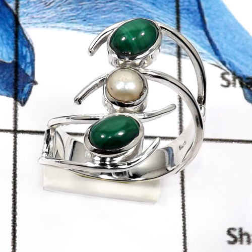 Malachite & Pearl G - SDR557-Attractive Party Wear Handmade Designer Rings 925 Sterling Silver