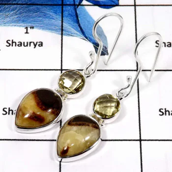 Septarian & Lemon Quartz B - SPE772-Stunning Two Gemstones Septarian & Lemon Quartz Plain Earrings 925 Sterling Silver Septarian & Lemon Quartz B - SPE772-Stunning Two Gemstones Septarian & Lemon Quartz Plain Earrings 925 Sterling Silver