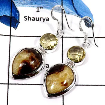 Septarian & Lemon Quartz E - SPE772-Stunning Two Gemstones Septarian & Lemon Quartz Plain Earrings 925 Sterling Silver Septarian & Lemon Quartz E - SPE772-Stunning Two Gemstones Septarian & Lemon Quartz Plain Earrings 925 Sterling Silver
