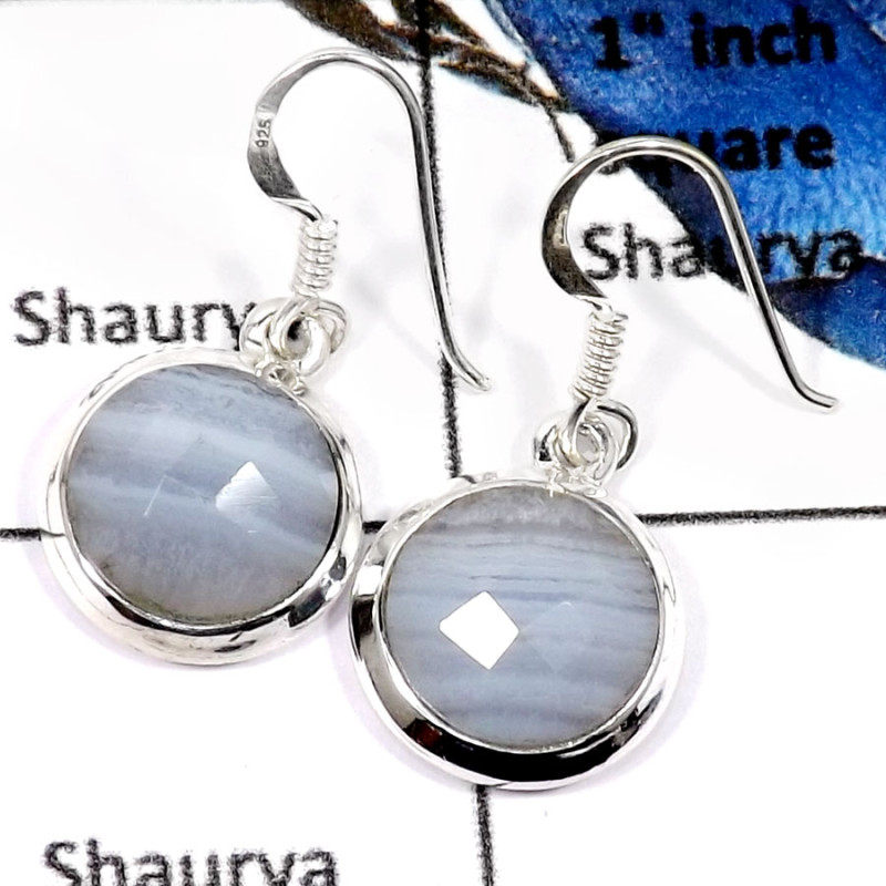 Blue Lace Agate A - SDE610-Exclusive Blue Lace Agate Checker Cut Wholesale Earrings 925 Sterling Silver