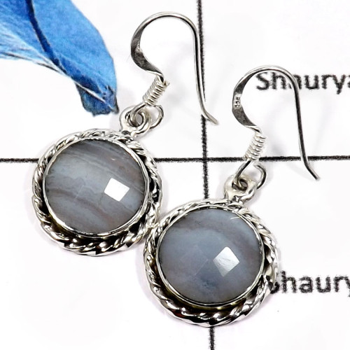 Blue Lace Agate B - SDE610-Exclusive Blue Lace Agate Checker Cut Wholesale Earrings 925 Sterling Silver