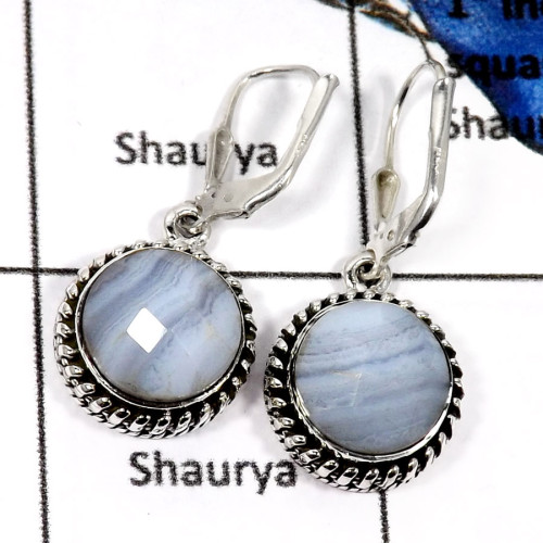 Blue Lace Agate F - SDE610-Exclusive Blue Lace Agate Checker Cut Wholesale Earrings 925 Sterling Silver