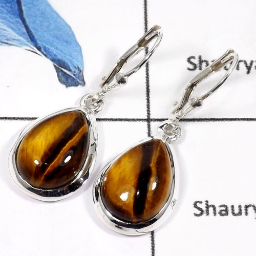 Tiger Eye B - SPE769-Natural Tiger Eye Gemstone Plain Silver Earrings 925 Sterling Silver
