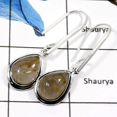 Golden Rutile C - SPE768-Elegant Golden Rutile Handmade Plain Silver Earrings 925 Sterling Silver