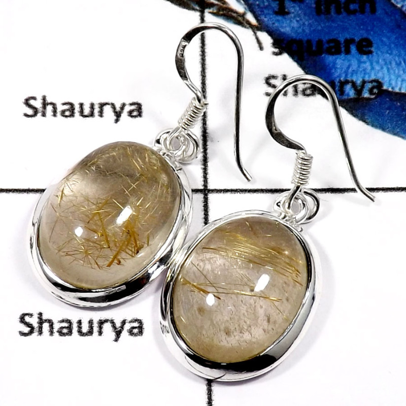 Golden Rutile E - SPE768-Elegant Golden Rutile Handmade Plain Silver Earrings 925 Sterling Silver