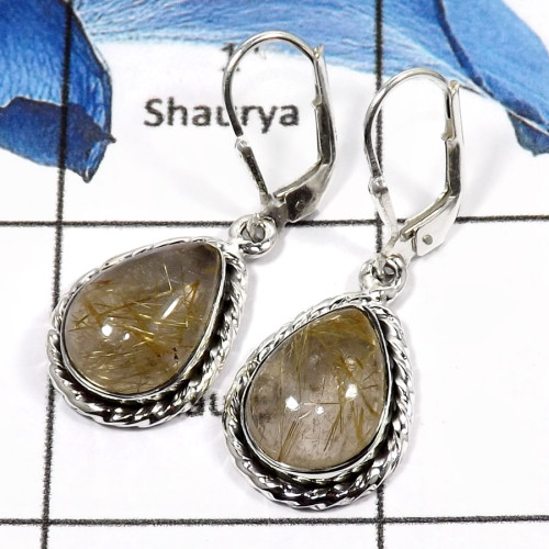 Golden Rutile F - SPE768-Elegant Golden Rutile Handmade Plain Silver Earrings 925 Sterling Silver