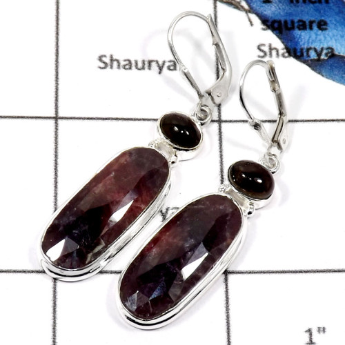Multi Sapphire & Tourmaline Cab B - SPE766-Lovely Two Stone Multi Sapphire Checker Cut & Tourmaline Cab Palin Earrings 925 Sterl Multi Sapphire & Tourmaline Cab B - SPE766-Lovely Two Stone Multi Sapphire Checker Cut & Tourmaline Cab Palin Earrings 925 Sterl