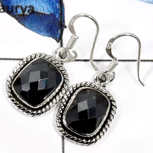 Hematite Cut B - SDE600-Natural Checker Cut Hematite Wholesale Handmade Earrings 925 Sterling Silver