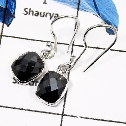 Hematite Cut C - SDE600-Natural Checker Cut Hematite Wholesale Handmade Earrings 925 Sterling Silver