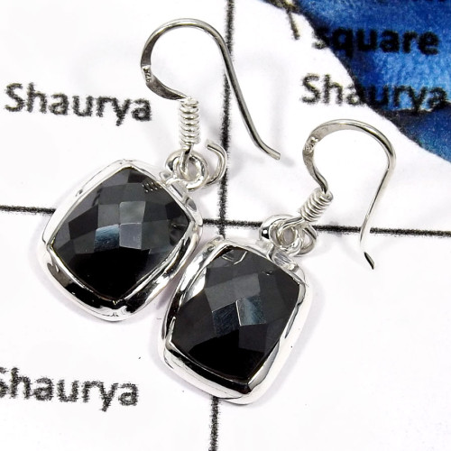 Hematite Cut D - SDE600-Natural Checker Cut Hematite Wholesale Handmade Earrings 925 Sterling Silver