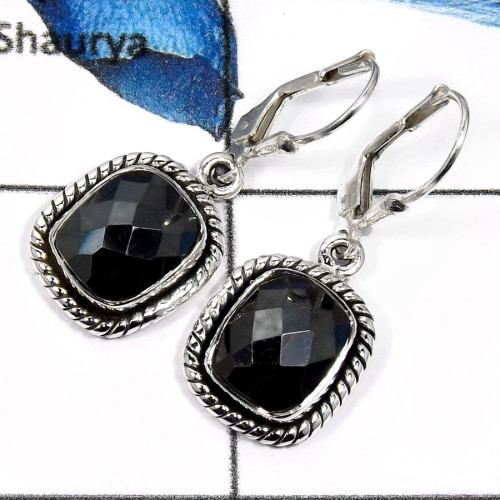 Hematite Cut F - SDE600-Natural Checker Cut Hematite Wholesale Handmade Earrings 925 Sterling Silver
