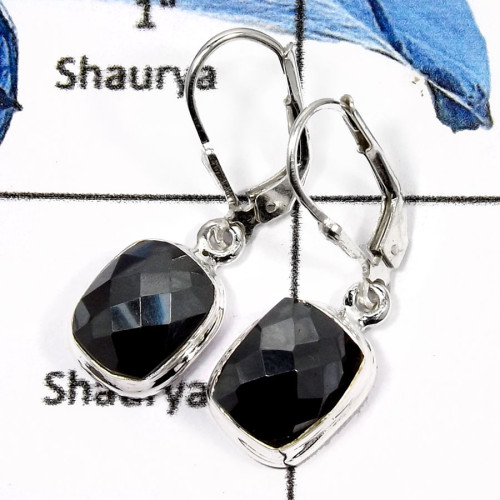 Hematite Cut H - SDE600-Natural Checker Cut Hematite Wholesale Handmade Earrings 925 Sterling Silver