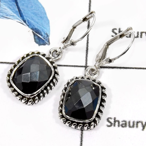 Hematite Cut O - SDE600-Natural Checker Cut Hematite Wholesale Handmade Earrings 925 Sterling Silver