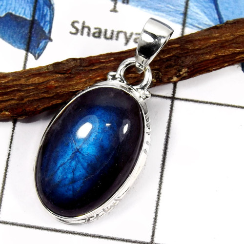 Labradorite Cab B - ISP558-Blue Fire Labradorite Gemstone Plain Setting Pendants 925 Sterling Silver
