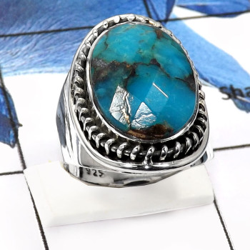 Mohave Blue Copper Turquoise B - SDR550-Natural Mohave Blue Copper Checker Cut Designer Rings 925 Sterling Silver Mohave Blue Copper Turquoise B - SDR550-Natural Mohave Blue Copper Checker Cut Designer Rings 925 Sterling Silver