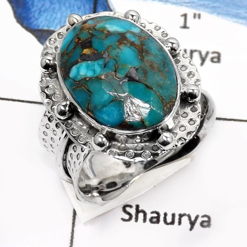 Mohave Blue Copper Turquoise C - SDR550-Natural Mohave Blue Copper Checker Cut Designer Rings 925 Sterling Silver Mohave Blue Copper Turquoise C - SDR550-Natural Mohave Blue Copper Checker Cut Designer Rings 925 Sterling Silver