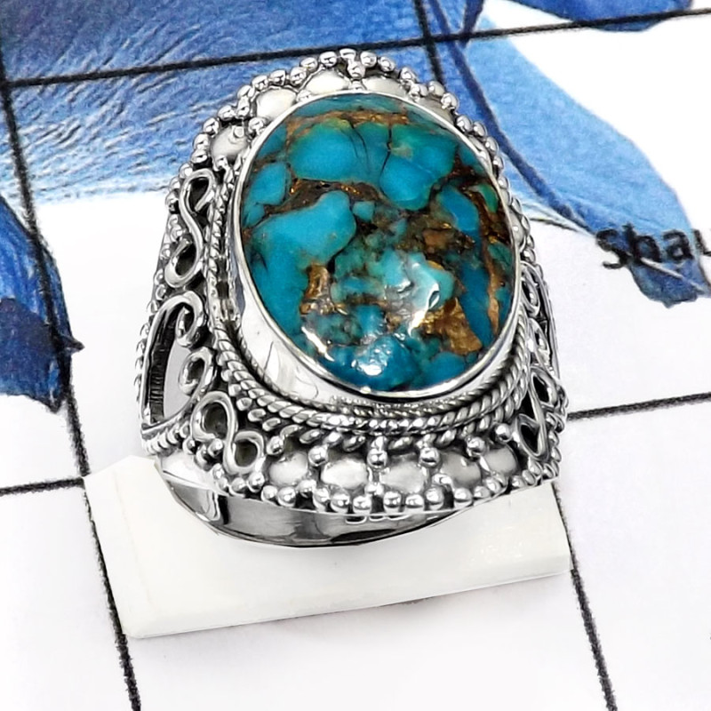 Mohave Blue Copper Turquoise D - SDR550-Natural Mohave Blue Copper Checker Cut Designer Rings 925 Sterling Silver