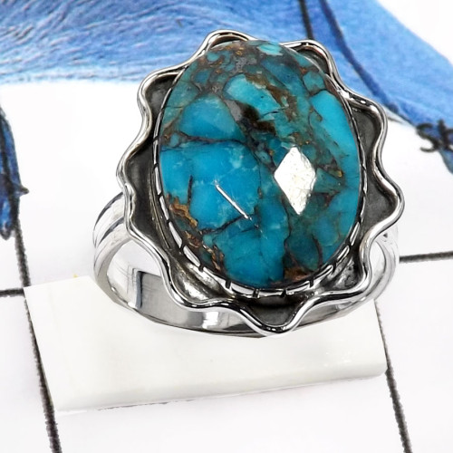 Mohave Blue Copper Turquoise F - SDR550-Natural Mohave Blue Copper Checker Cut Designer Rings 925 Sterling Silver Mohave Blue Copper Turquoise F - SDR550-Natural Mohave Blue Copper Checker Cut Designer Rings 925 Sterling Silver