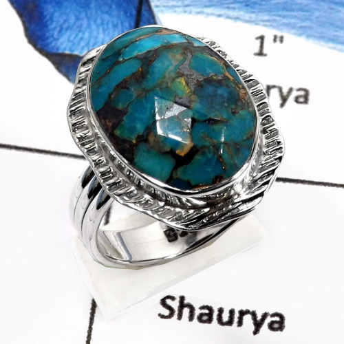 Mohave Blue Copper Turquoise G - SDR550-Natural Mohave Blue Copper Checker Cut Designer Rings 925 Sterling Silver Mohave Blue Copper Turquoise G - SDR550-Natural Mohave Blue Copper Checker Cut Designer Rings 925 Sterling Silver