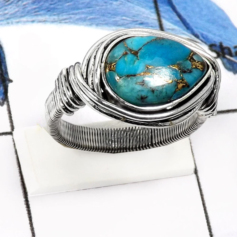 Mohave Blue Copper Turquoise O - SDR550-Natural Mohave Blue Copper Checker Cut Designer Rings 925 Sterling Silver Mohave Blue Copper Turquoise O - SDR550-Natural Mohave Blue Copper Checker Cut Designer Rings 925 Sterling Silver