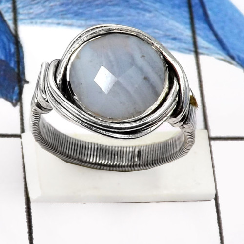 Blue Lace Agate C - SDR549-925 Sterling Silver Gorgeous Blue Lace Agate Checker Cut Designer Rings