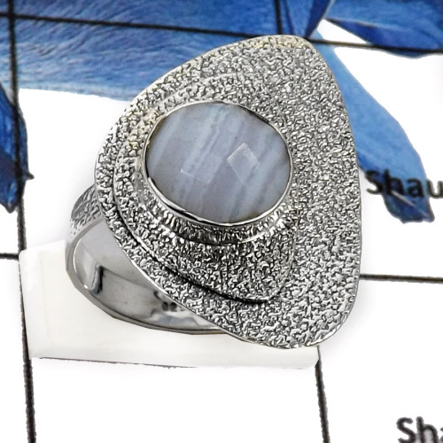 Blue Lace Agate O - SDR549-925 Sterling Silver Gorgeous Blue Lace Agate Checker Cut Designer Rings
