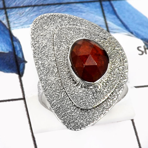 Hessonite Garnet A - SDR533-Natural Cheker Cut Hessonite Garnet Handmade Rings 925 Sterling Silver