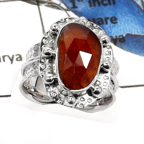 Hessonite Garnet D - SDR533-Natural Cheker Cut Hessonite Garnet Handmade Rings 925 Sterling Silver