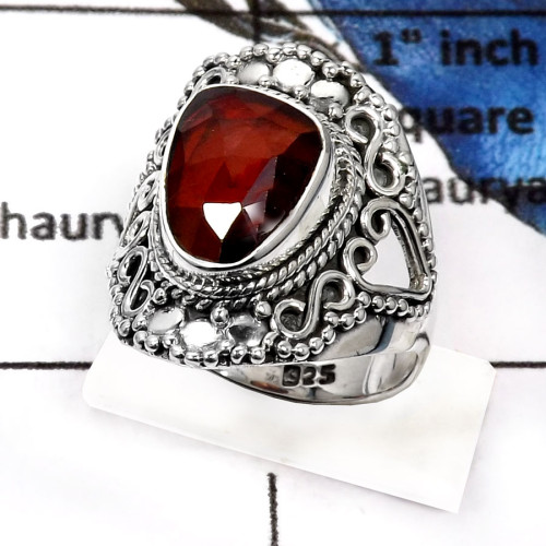 Hessonite Garnet O - SDR533-Natural Cheker Cut Hessonite Garnet Handmade Rings 925 Sterling Silver