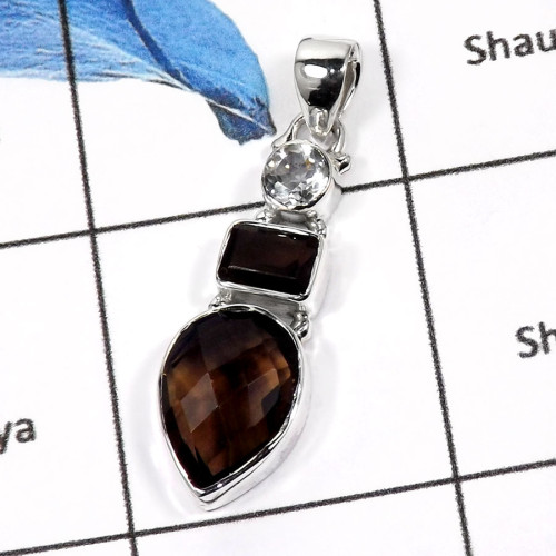 Crystal Quartz & Smoky Quartz C - ISP551-Fabulous Multi Cut Stones Plain Silver Pendants 925 Sterling Silver