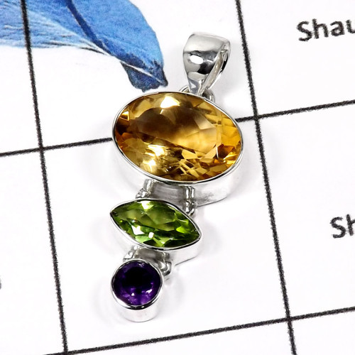 Citrine,Peridot & Amethyst Cut D - ISP551-Fabulous Multi Cut Stones Plain Silver Pendants 925 Sterling Silver